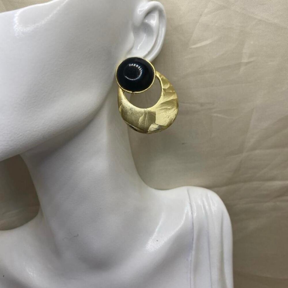 Vintage 1980s Egyptian Revival Black Cabochon Gold Door Knocker Earrings